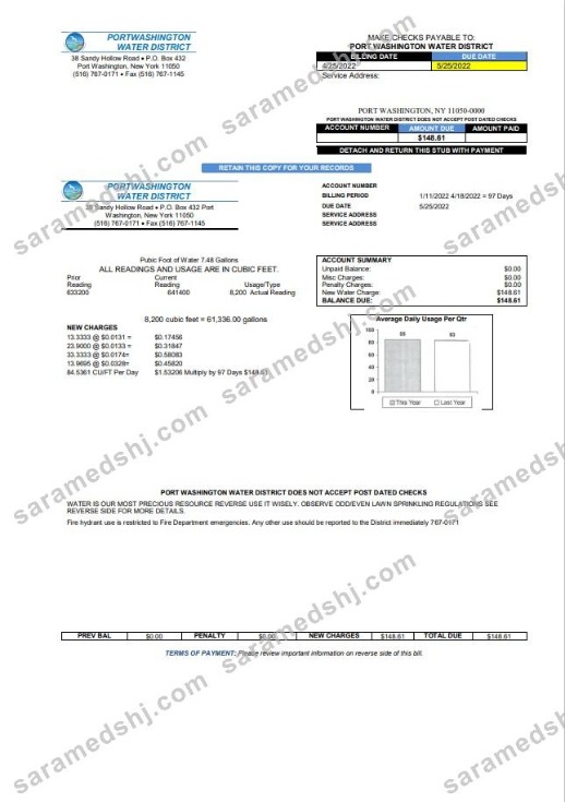 USA New York Port Washington Water District utility bill template in Word and PDF format